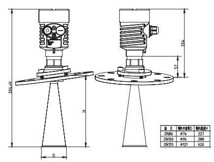 萬向喇叭(bā)雷達物位計(ji)外型尺寸圖(tú)